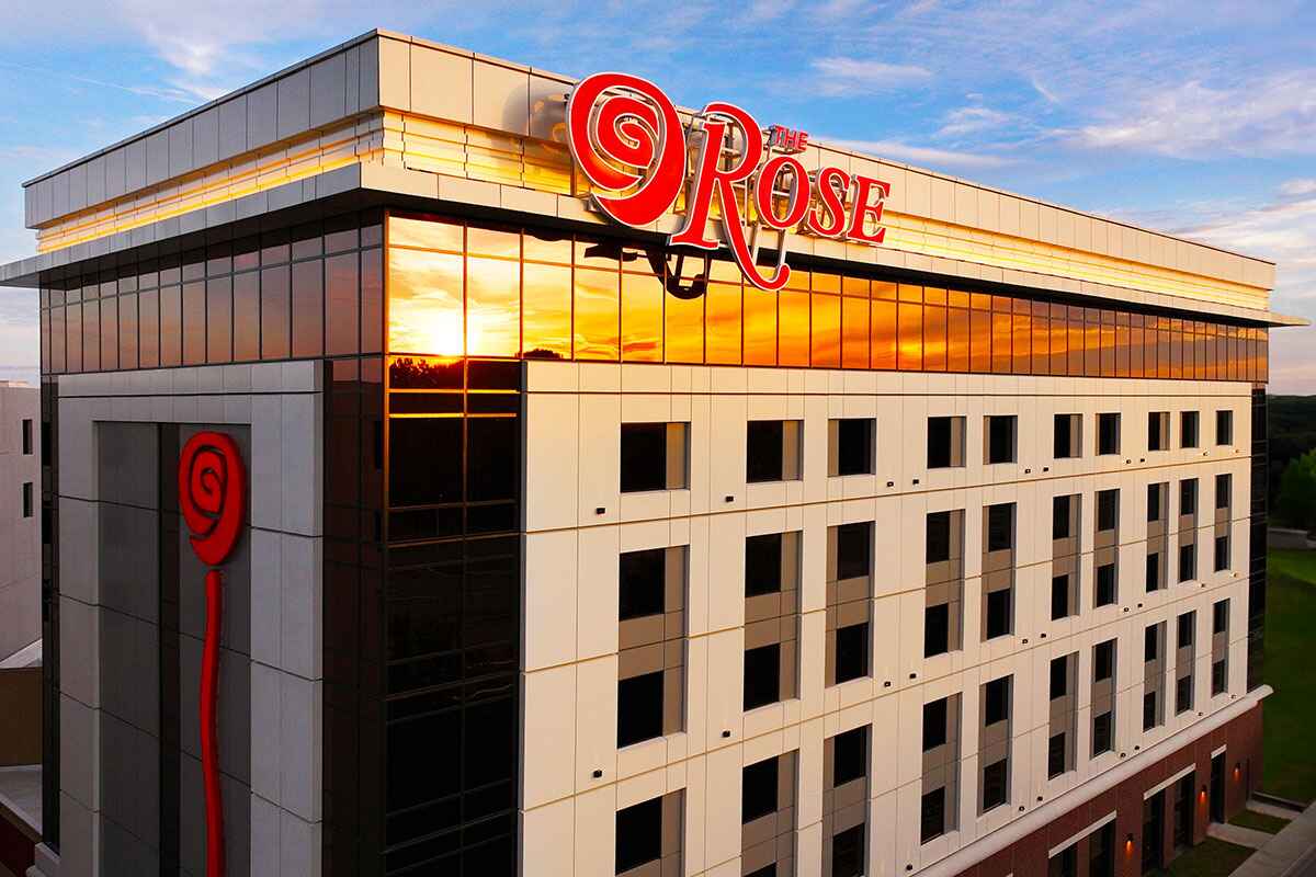 The Rose hotel façade in Dumfries, Virginia at sunset
